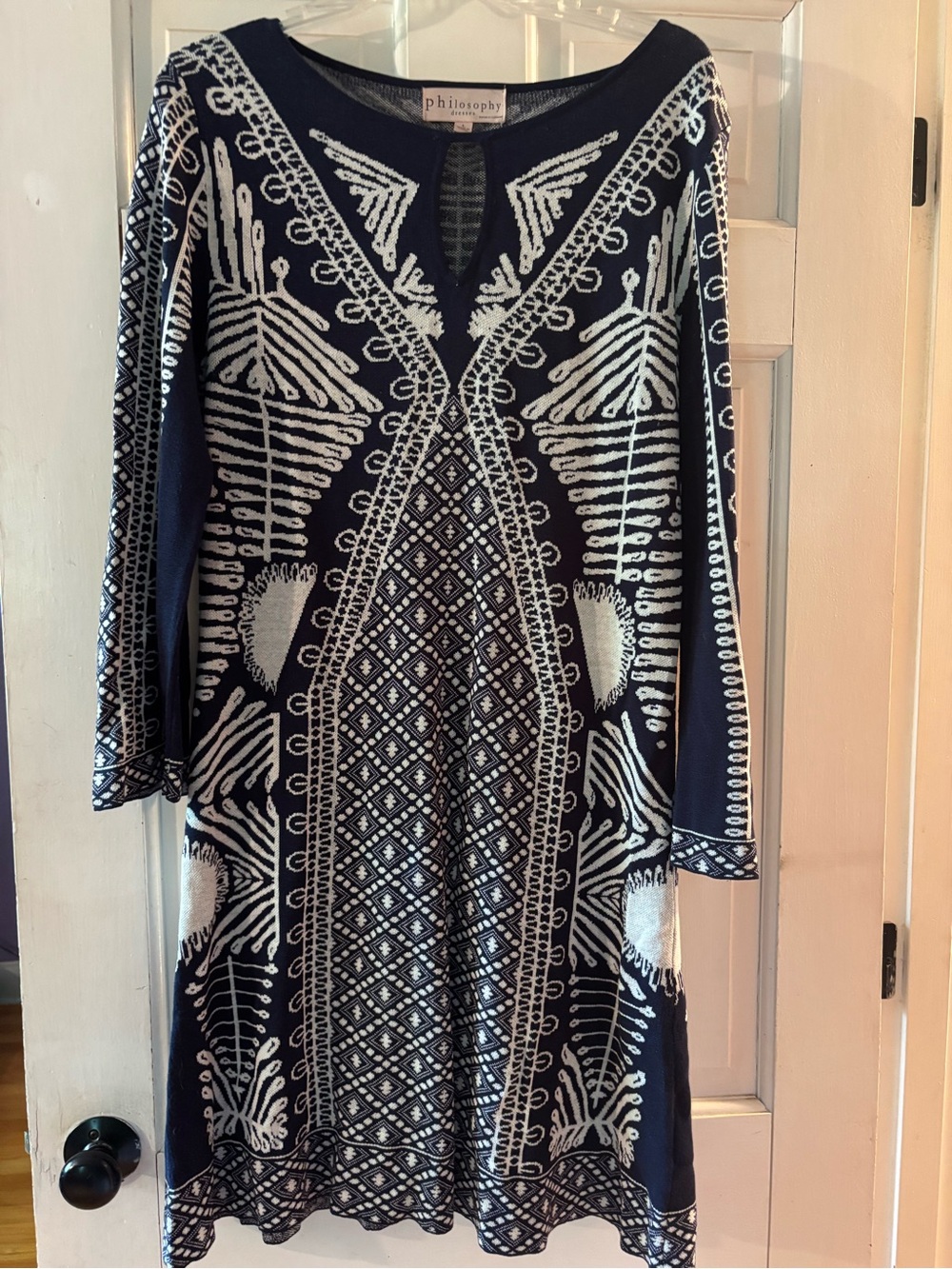 Philosophy navy/ivory long sleeved silk and cotton dress